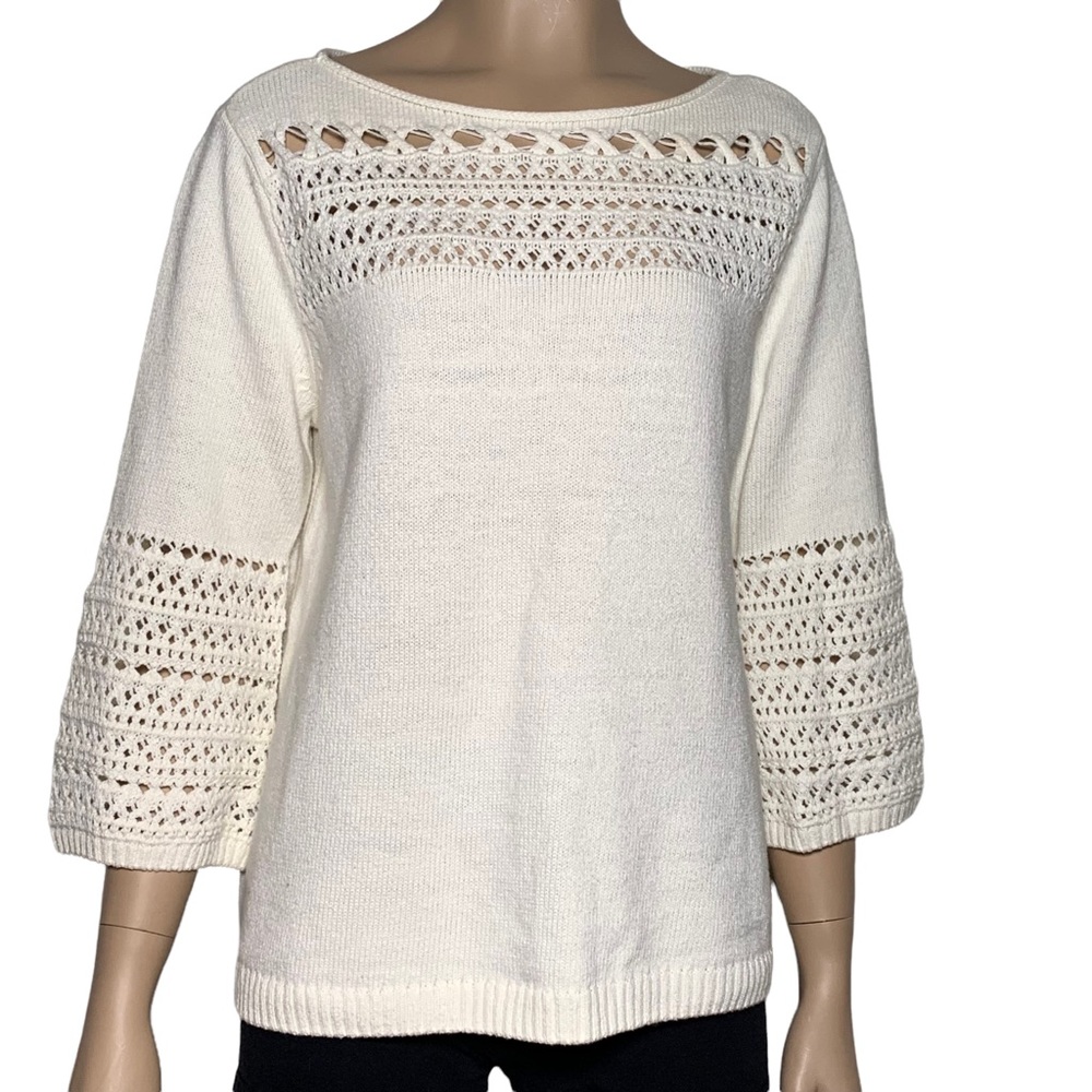 Soft Surroundings Womens Cream Crochet Pullover Sweater Petite Size PM
